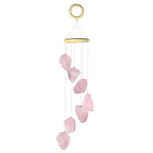 Rose Quartz Raw Stone Wind Chime with Wooden Hanging Circle Boho Patio Home Garden Windows Wall Ornament