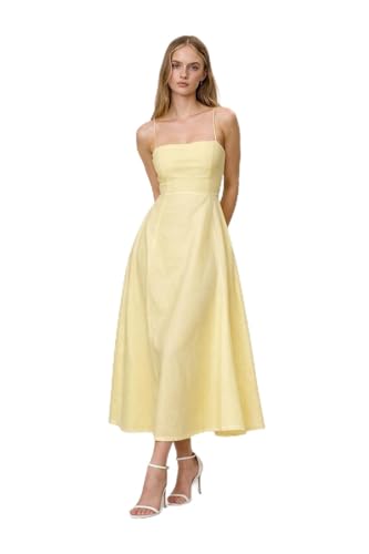 Image of Women's Spaghetti Strap Midi Dress, Fit and Flare A-Line Silhouette, Square Neck Summer Sundress