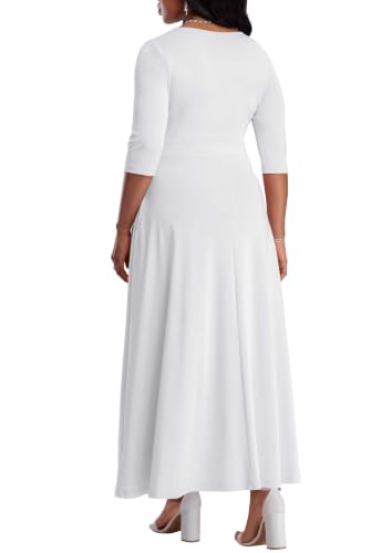 Image of FANDEE Fit-and-Flare Maxi Dress Round Neck Pleated Front Side Pockets | Front pleats soft flatter your bust shape; Empire Waist lengthen your figure; 3 /4 sleeves round neck suit for many occasions