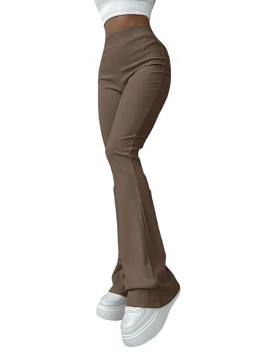 Image of Jawdrobe Women's High Waist Ribbed Flared Pants Stretchable Slim Fit Bootcut Trousers Soft Knit Casual Wear for Daily Office Travel (for Ideal Height 5.3)