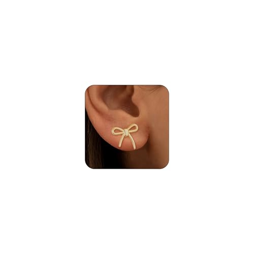 Hypoallergenic Gold Bow Earrings for Women, 14K Gold Plated Stud Earring for Women Trendy, Dainty Non Tarnish Ribbon Bow Earrings for Women Jewelry Gifts - Main Image