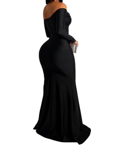 A ADILACA Women's Sexy V-Neck Off Shoulder High Split Formal Party Maxi Dress2