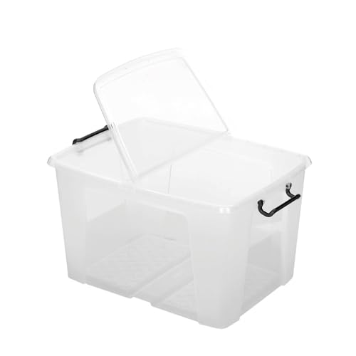 TENLITE Heavy Duty Clear 65L Smart Storemaster Clip-On Folding Lid Stackable Storage Box with Carry Handles 61cm x 46cm x 34.5cm (65 Litre)