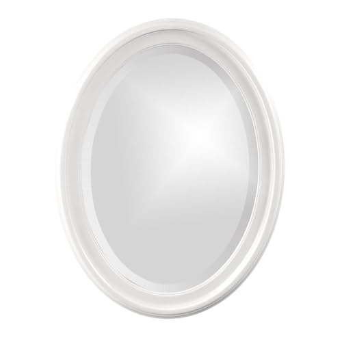 Image of Howard Elliott Collection George Oval Glossy White Wall Mirror, Oval Bevelled Hanging Wood Framed Vanity Mirrors for Home Decor, Living Room, Bathroom, Bedroom, or Hallway, 25 x 33 Inch