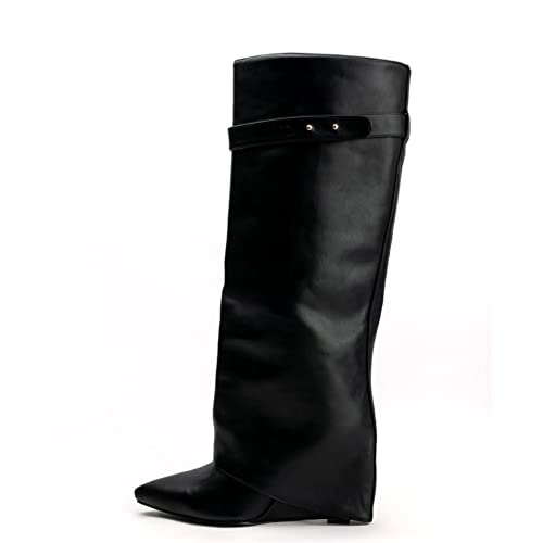 Arqa Fold Over Wedge Boots for Women Faux Crocodile Pattern Knee High Boot with Rivet Buckle Wide Calf Fall Shoes
