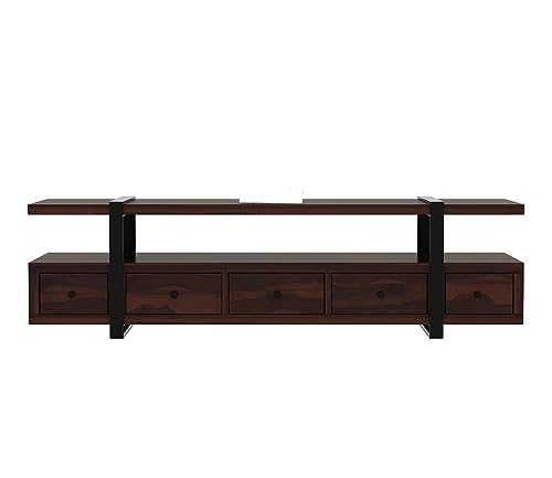 Image of Rustic Sheesham Wood & Metal TV Unit with 5 Drawers, 1 Shelf, and Storage for up to 70-inch TV - Perfect for Your Living Room (Arsenal, Walnut Finish)
