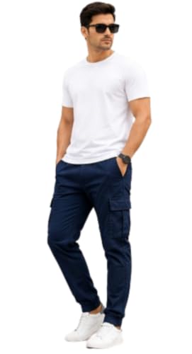 Image of Men's Jogger Cargo Pants | Stretchable Cotton Blend Utility Trousers | Regular Fit Multi Pocket Casual Bottom Wea