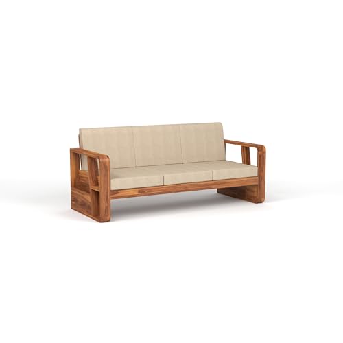 Image of Sheesham Wooden 3 Seater Sofa for Living Room | Solid Wood Sofa with Side Newspaper Holder | Rosewood Sofa Set for Home & Office | Lounge (Honey Finish, 3 Seater)