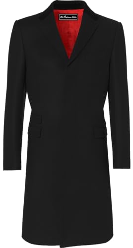 Mens Black Overcoat Wool & Cashmere Covert Warm Winter Mod Cromby Coat Velvet Collar & Red Satin