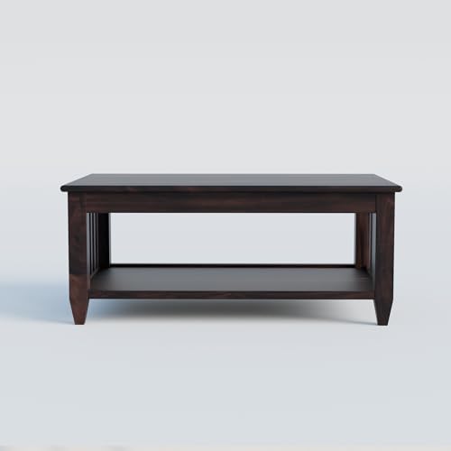 Image of Solid Sheesham Wood Rectangle Centre Table, Coffee Table for Living Room, Wooden Sofa Center Table with Shelf Storage for Home & Office | Rosewood, Walnut, Pre Assembled & Ready to Use