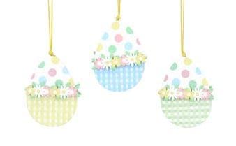 Gisela Graham Set of THREE Pastel Gingham/Spots Wood Cut-Out hanging Easter Egg Decorations