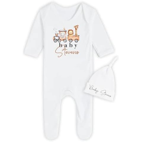 Personalised Baby Grow and Hat Set Baby Outfit Hello World Baby Outfit New Baby Clothes Boy Girl Train Safari (Newborn) Cover