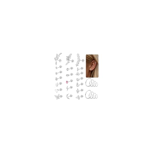Besteel 28 Pcs 16g Cartilage Earring Stud Hoop for Women Tragus Stud Earring Cartilage Piercing Jewelry Surgical Steel Forward Helix Earrings Hoop Rook Daith Conch Piercing Jewelry Silver