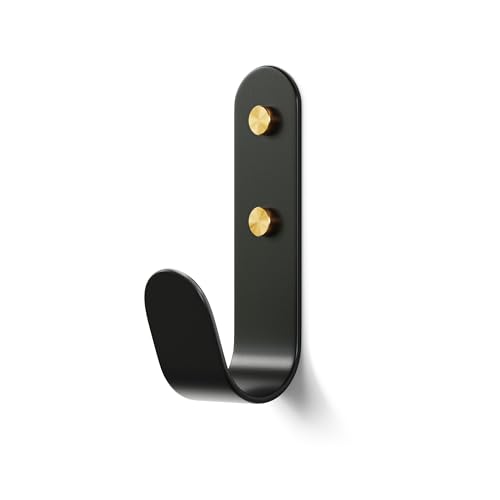 The Hairpin Leg Co. [HLC Metal J Wall Hook. Chunky Modern Playful Coat Hook - [Black/Brass, Single]