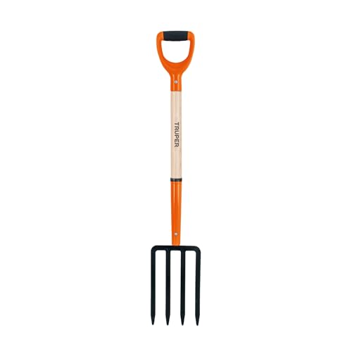 Truper Garden Fork, 4 Tines, 29-Inch Ash Wood Handle with Comfort Grip Y Handle, Forged One-Piece Steel Head (Model BJ-4P / 11018)