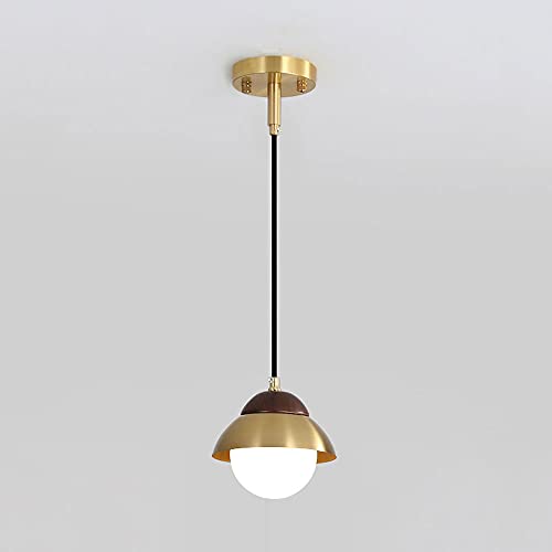 Lámpara colgante retro de madera de nogal y latón con pantalla de cristal LED mini