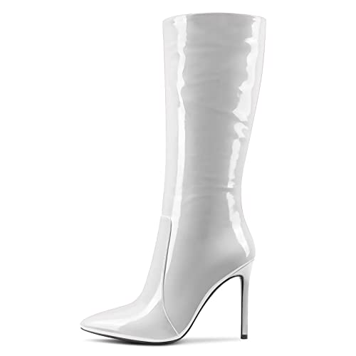 MAGIOPY Femmes Aiguille Haut High Talon Heel Pointu Bout Mi Mollet Bottes Fermeture à Glissière Dress Sexy Bureau Mariage 10 CM Heels Blanc Vernis 40 EU Cover