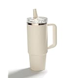 【漏れゼロ宣言】 ストロー付き 漏れない タンブラー 大容量 蓋付き 真空断熱 保冷 完全密閉 オフィス 車内 ジム用 [PANT] (クリームホワイト, 900ml)
