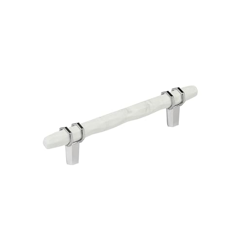 Image of Amerock 5-1 /16 inch Carrione Marble White /Polished Chrome Drawer Pull | 5-1 /16 inch (128mm) Center-to-Center Mounting Distance and 7-1 /2 inches Overall Length, Durable Zinc Cabinet Hardware