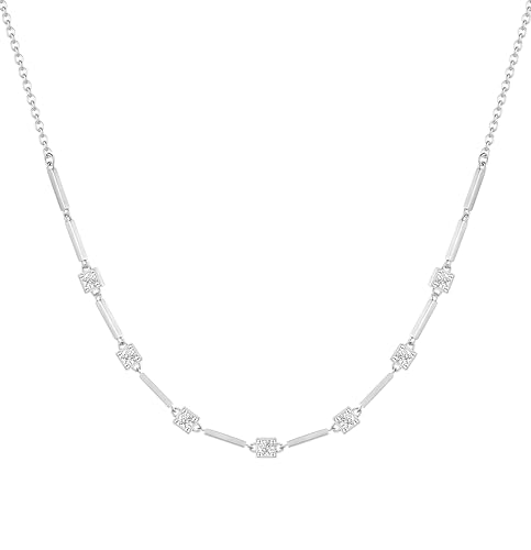 TIGRADE Silver Chain Necklace for Women Dainty Rectangular with Round CZ Pendant Anniversary Necklace Extenders Link with Lobster Clasp 16 Inch