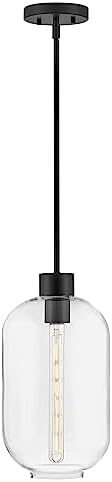 Lark Greer Small Pendant Light, Elongated, Pill-Shaped Clear Glass Shade, for Sloped of Even Ceilings, Black