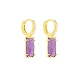 Aros Pendientes Plata de Ley 925m chapados oro diámetro 10mm. piedra amatista 12mm. con circonitas