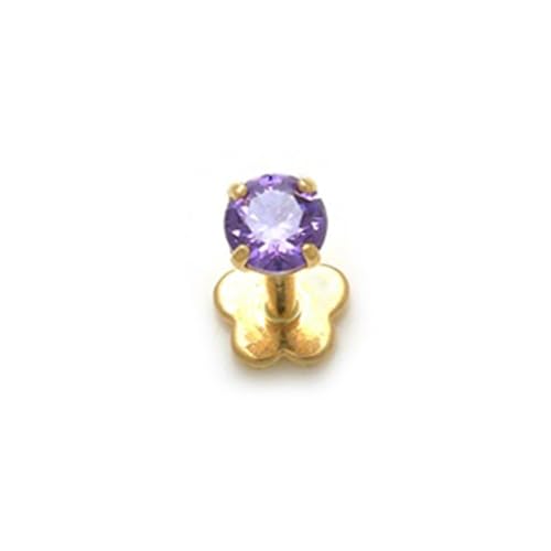 Image of AVORA 14K Yellow /White Gold 3mm Round Simulated Diamond (0.1 carat) Cartilage Piercing Flat Back Earring Body Jewelry (18 Gauge) - Emerald, Ruby, Amethyst, Sapphire, Sim. Diamond