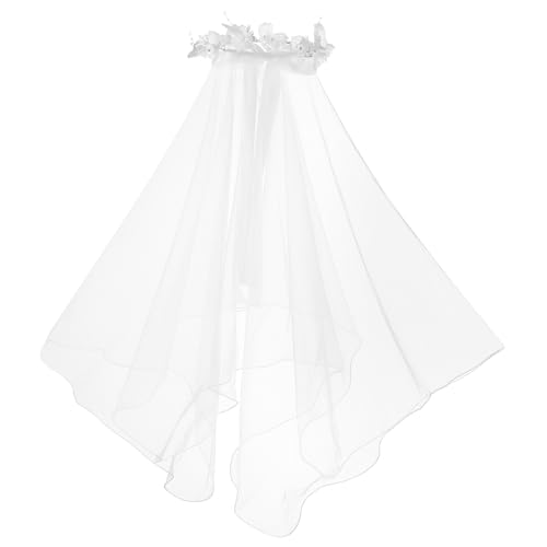 Image of Girls First Communion Veil White Floral Crown with Pearls Headpiece for Communion Day