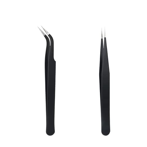 Lot de 2 pinces à épiler acier inoxydable pour extensions de cils, pointes droites et incurvées, bricolage, nail art, artisanat