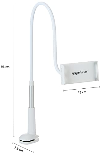 Image of Amazon Basics Universal Mobile & Tablet Holder 360 Rotation, Long Flexible Alloy Arm | Stand for Desk, Table, Bed, Kitchen, Bathroom for 4.6-Inches to 10.4-Inches Tablet /Smartphones (White) Tabletop