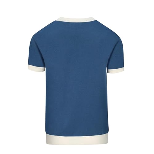 Men's Retro Blue Knitted T-Shirt Short Sleeve, Mod Style Cat Pattern Crewneck Cotton Tops2
