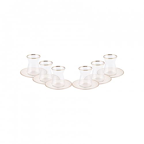 KARACA Retro Beige Tea Set for 6 People, Tea Service, 6 Turkish Tea Glasses with Saucers, 12 Pcs, Turkish Tea, Glass, Tea Plates