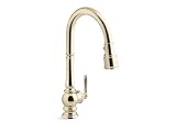 Kohler 29709-AF Artifacts Touchless Pull-Down Kitchen Sink Faucet with Three-Funtion Sprayhead, Vibrant French Gold