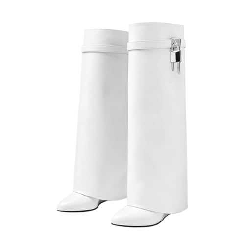 Image of keleimusi Fold Over Wedge Boots Heeled PadLock Pant Knee High Shoes Tall /Short Booties