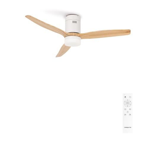 CREATE / WINDCALM/Ventilateur de plafond avec lumière et télécommande, blanc lames bois naturel / 40W, Silencieux, Ø132 cm, 6 vitesses, minuterie, été-hiver, double hauteur, moteur DC
