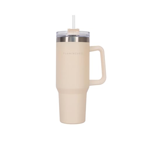 Flamingueo Gourde avec Paille 1,18L - Mug Isotherme - Boissons Froides 24h et Chaudes 10h - Acier Inoxydable - Thermos - Beige
