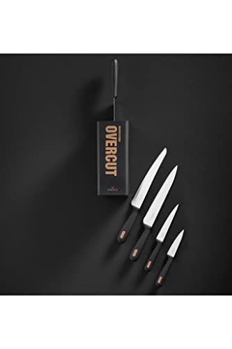 Karaca Overcut 6-Piece Black Knife Set with Block, Stainless Steel Kitchen Knives Sets with Ergonomic Handles, Includes Chef's, Carving, Bread, Utility, Paring Knives & Stand