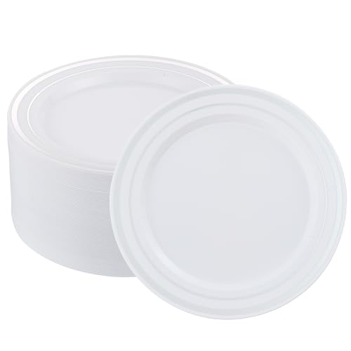 ISFANGCO 50 PCS Silver and White Plastic Plates for 50 Guests,10.25inch Silver Rimmed White Disposable Plastic Plates for Wedding,Party,Birthday,Smooth Edge & Heavy Duty Dinner Plate ISFANGCO 50 PCS Silver and White Plastic Plates for 50 Guests,10.25inch Silver Rimmed White Disposable Plastic Plates for Wedding,Party,Birthday,Smooth Edge & Heavy Duty Dinner Plate