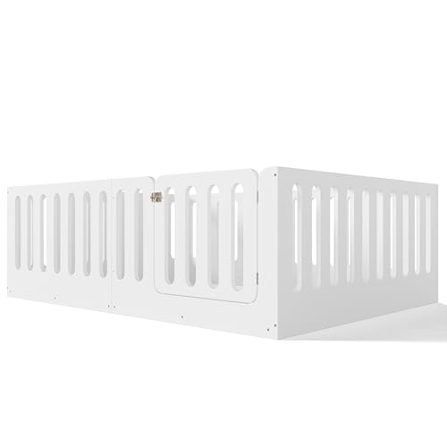 Image of Bellemave Queen Size Kids Montessori Floor Bed,Queen Size Floor Bed Frame with High Fence and Door,Solid Wood Montessori Bed for Girls Boys,White