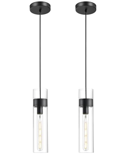 2 Pack Black Pendant Lights Kitchen Island (Bulbs Included), Adjustable Modern Glass Pendant Light Over Island, Industrial Pendant Light Fixtures for Dining Room Hallway Bedroom Living Room