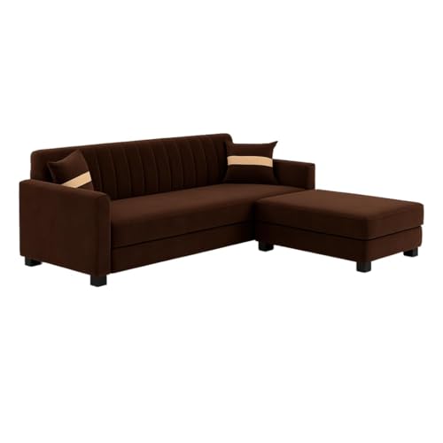 Image of FURNY Karelon 3 Seater Fabric Modular Sofa Set with Ottoman (Brown) | Premium Velvet Finish | Durable Comfort | Ideal for Living Room