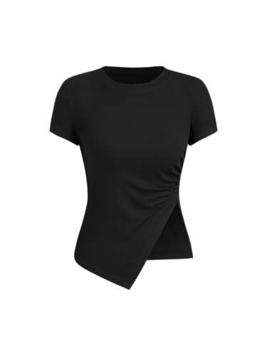 CIDER Women's Summer Tops Crew Neck Short Sleeve Ribbed T-Shirt Asymmetric Hem Tops for Summer