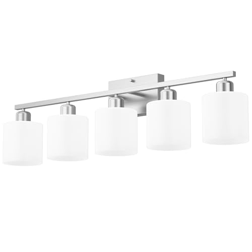 Image of Bathroom Lights Over Mirror Brushed Nickel, Anti-Rust 5-Light Bathroom Vanity Light Fixtures, Modern 28.34Inches Wall Sconces E26 Base, Milky White Glass Shades, Bulbs Not Included