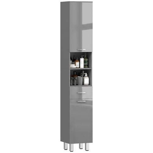kleankin Armoire de salle de bain étroite, haute, avec tiroir gris brillant, étagère réglable et 2 compartiments ouverts, pour petits espaces, 30 x 30 x...