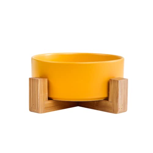 ペット ボウル フードボウル ウォーターボウル 犬用 猫用 食器 陶器製 餌入れ 木製 ペット皿 取り外し可能 手入れ簡単 衛生的 (黄)