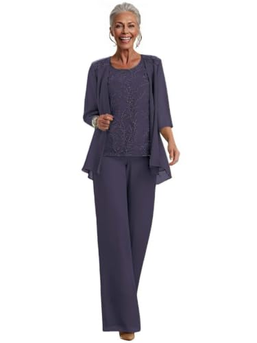 3 Piece Chiffon Formal Mother of the Bride Pantsuit Stormy Blue Custom