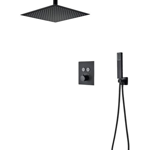 Ensemble de douche thermostatique noir mat avec effet pluie et cascade pour plafond