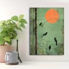 LIRHIQYGF Branches and Birds Poster and Prints Green Background Sunset Canvas Painting Wall Art Living Room Home Decor(60x90cm/Frame)