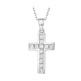Aotiwe Collar con colgante, cadena larga para mujer, cruz con diamante redondo, oro blanco de 9 quilates, 14 y 18 quilates, Oro blanco de 9 quilates, Diamante