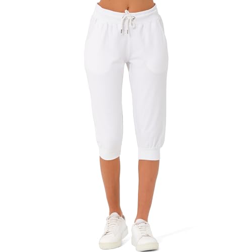 Smith & Solo Jogginghose Damen 3/4 - Sporthose Capri Kurze Hose Yogahose Damen, Freizeithose Laufhose Sommer Kurz Hosen,Trainingshose Fitness Sweathose (Weiß, XL)
